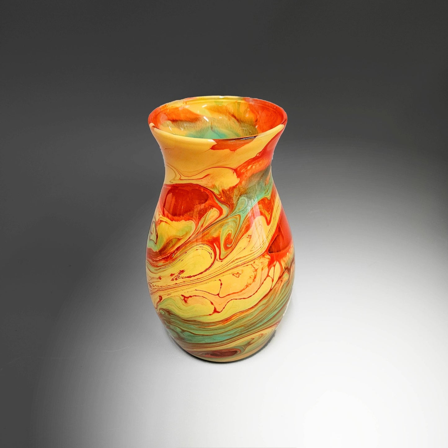 Glass Art Painted Vase in Aqua and Orange