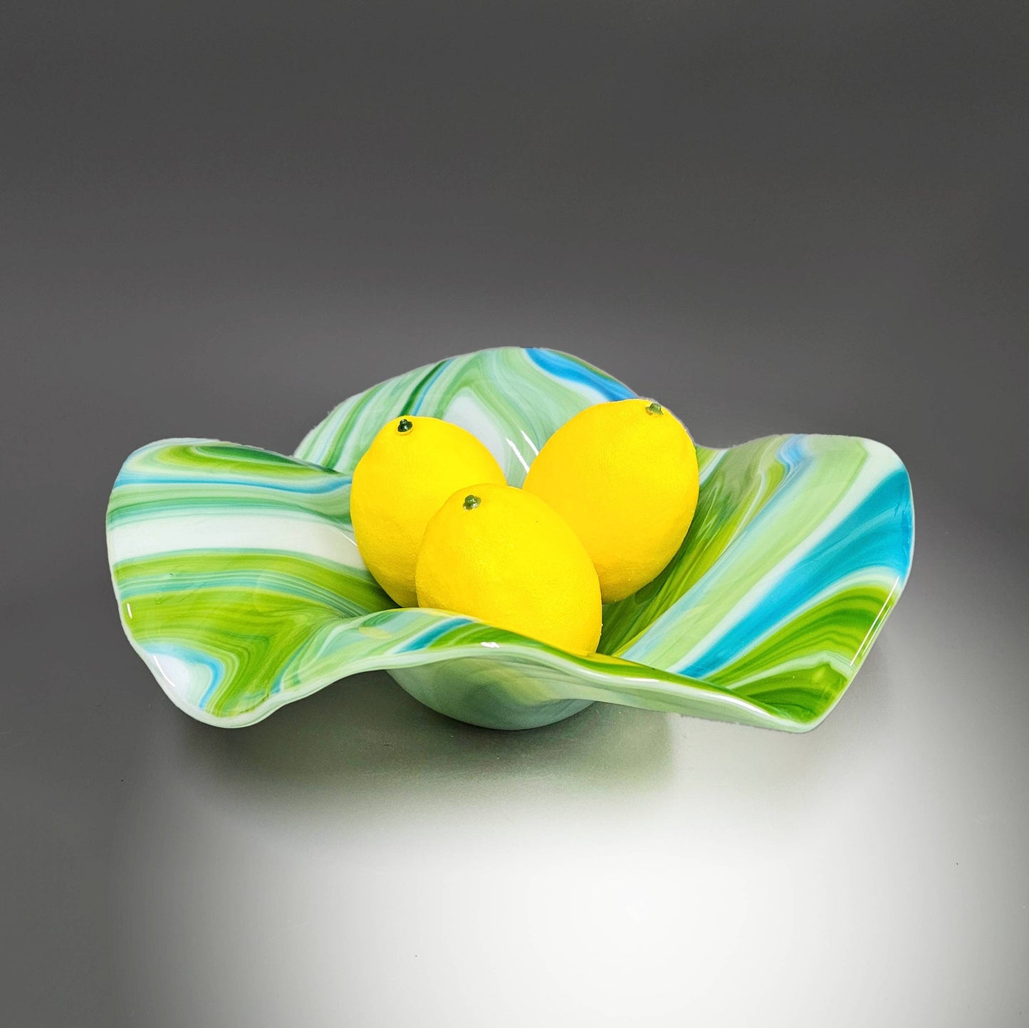 Glass Art Square Wave Bowl in Green Blue and White