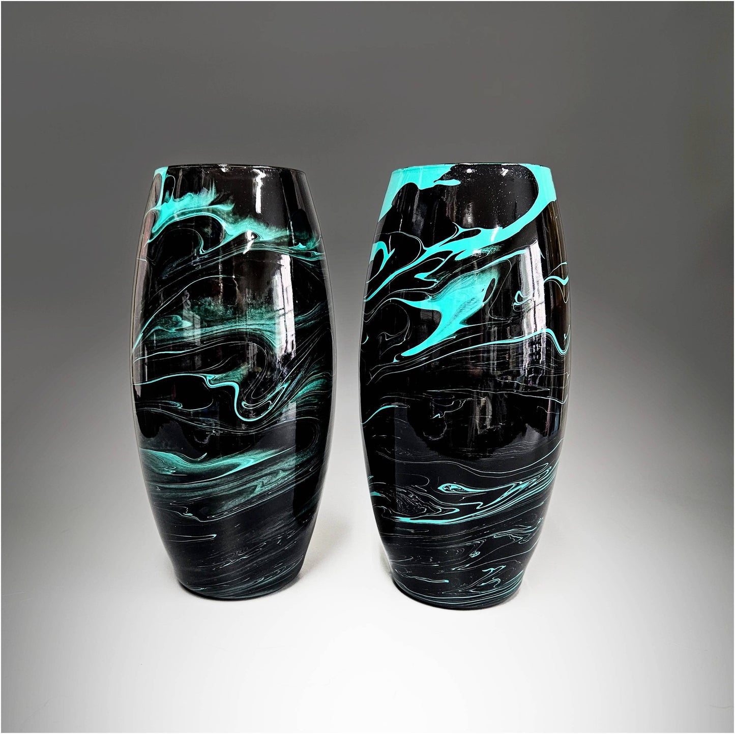 Glass Art Painted Vase in Black and Aqua