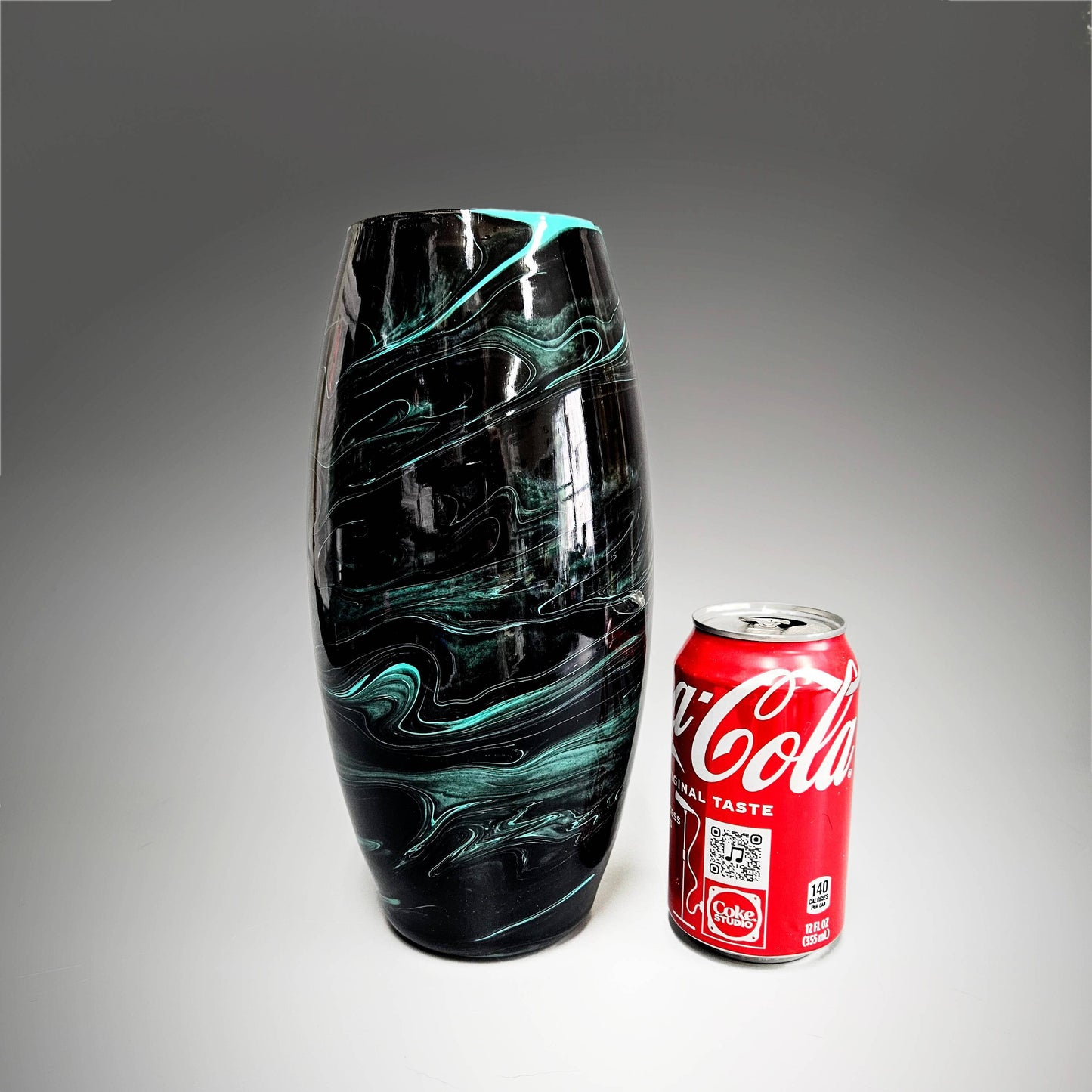 Glass Art Painted Vase in Black and Aqua