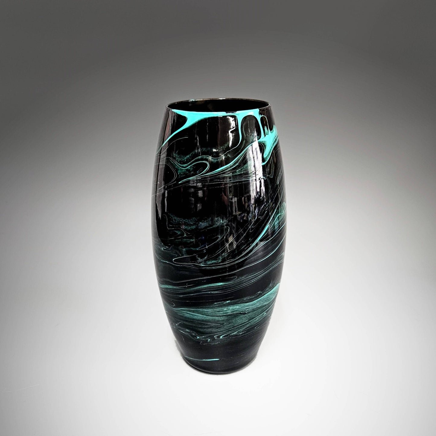 Glass Art Painted Vase in Black and Aqua