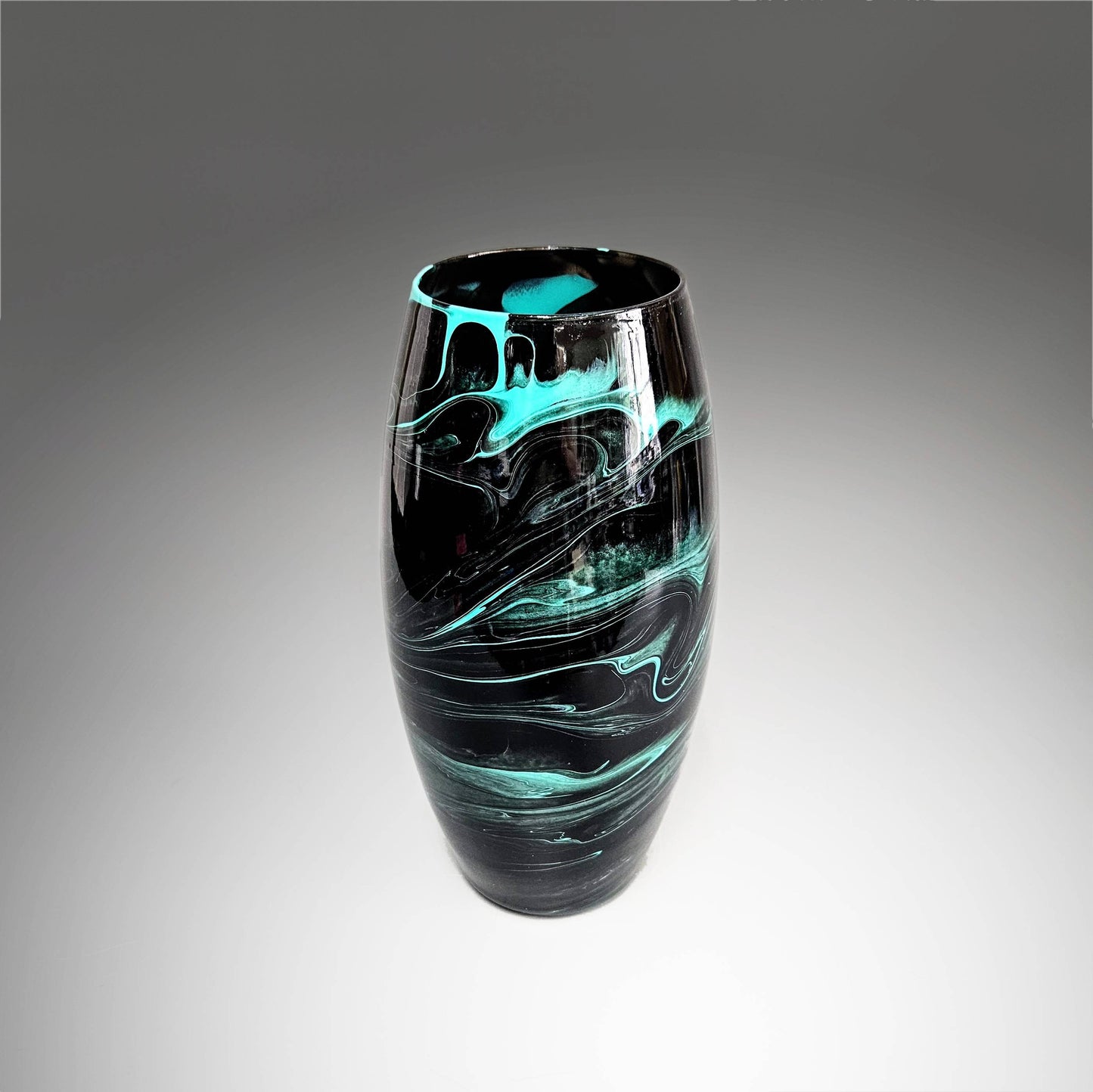 Glass Art Painted Vase in Black and Aqua