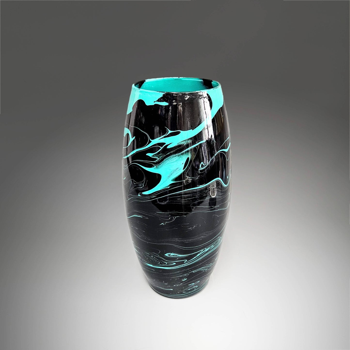 Glass Art Painted Vase in Black and Aqua