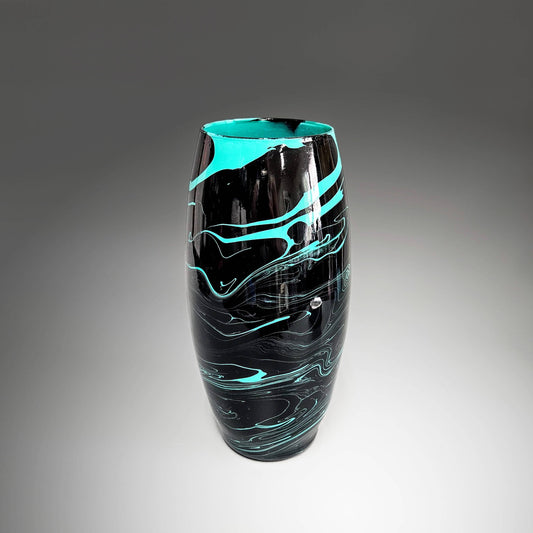 Glass Art Painted Vase in Black and Aqua
