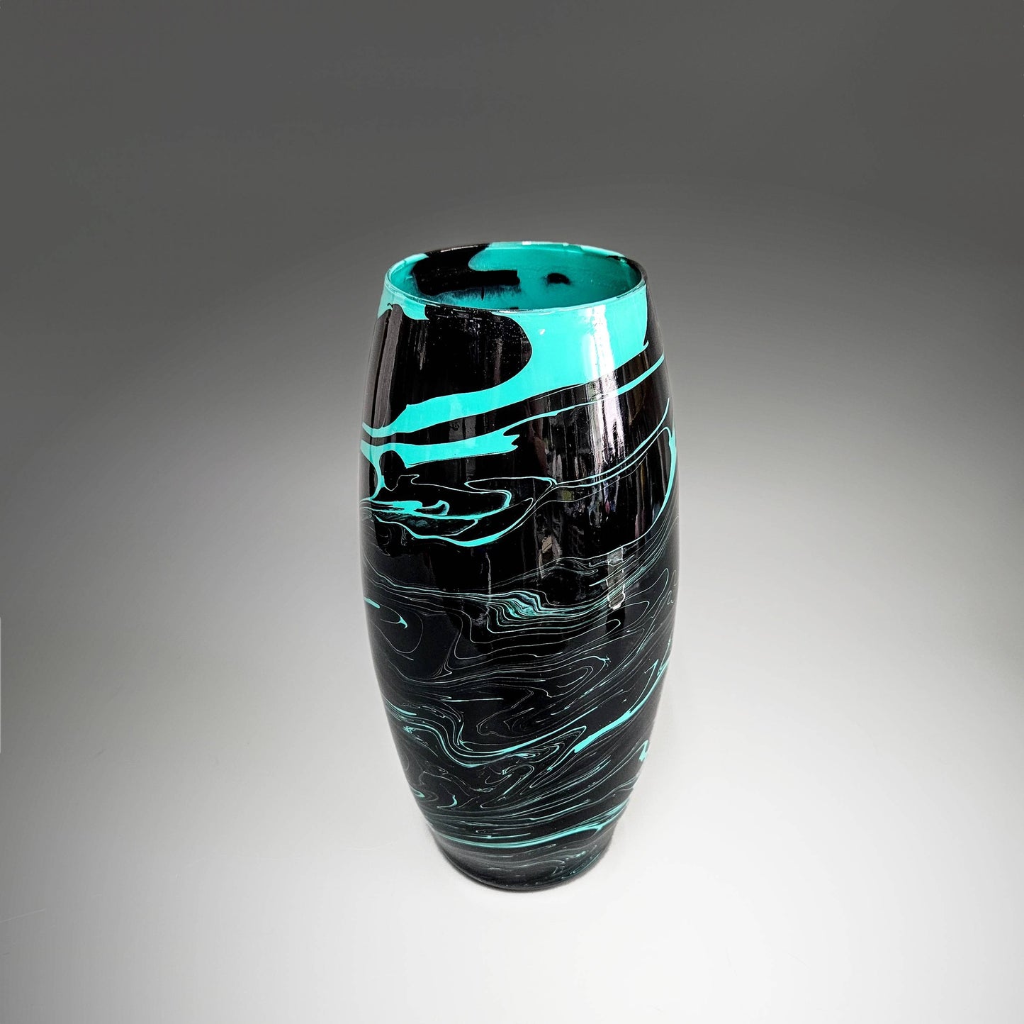 Glass Art Painted Vase in Black and Aqua