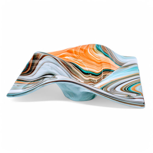 Glass Art Wave Bowl in Aqua Turquoise Orange | Modern Square Decorative Centerpiece Bowls | Unique Home Décor Gift Ideas