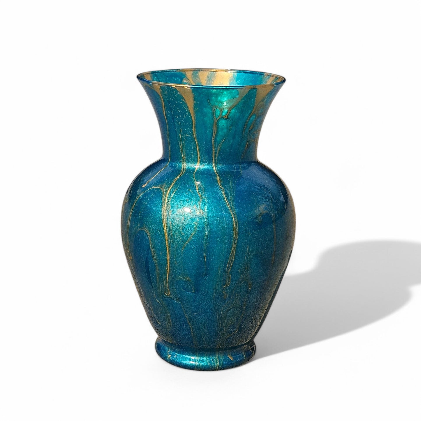 Teal and Gold Glass Art Vase | Fluid Art Painted Vase