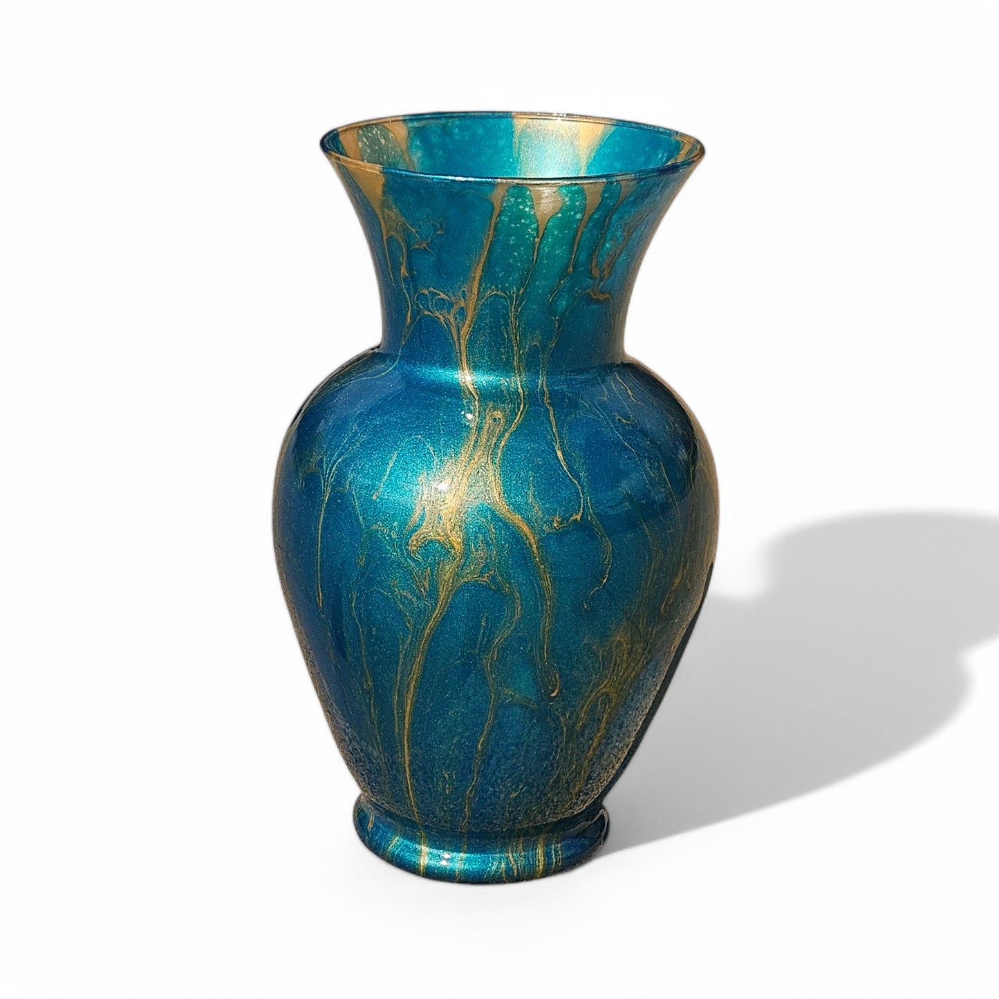 Teal and Gold Glass Art Vase | Fluid Art Painted Vase