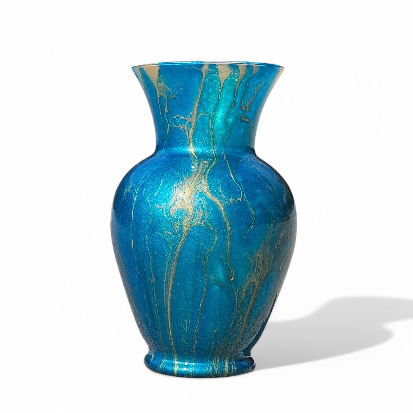 Teal and Gold Glass Art Vase | Fluid Art Painted Vase