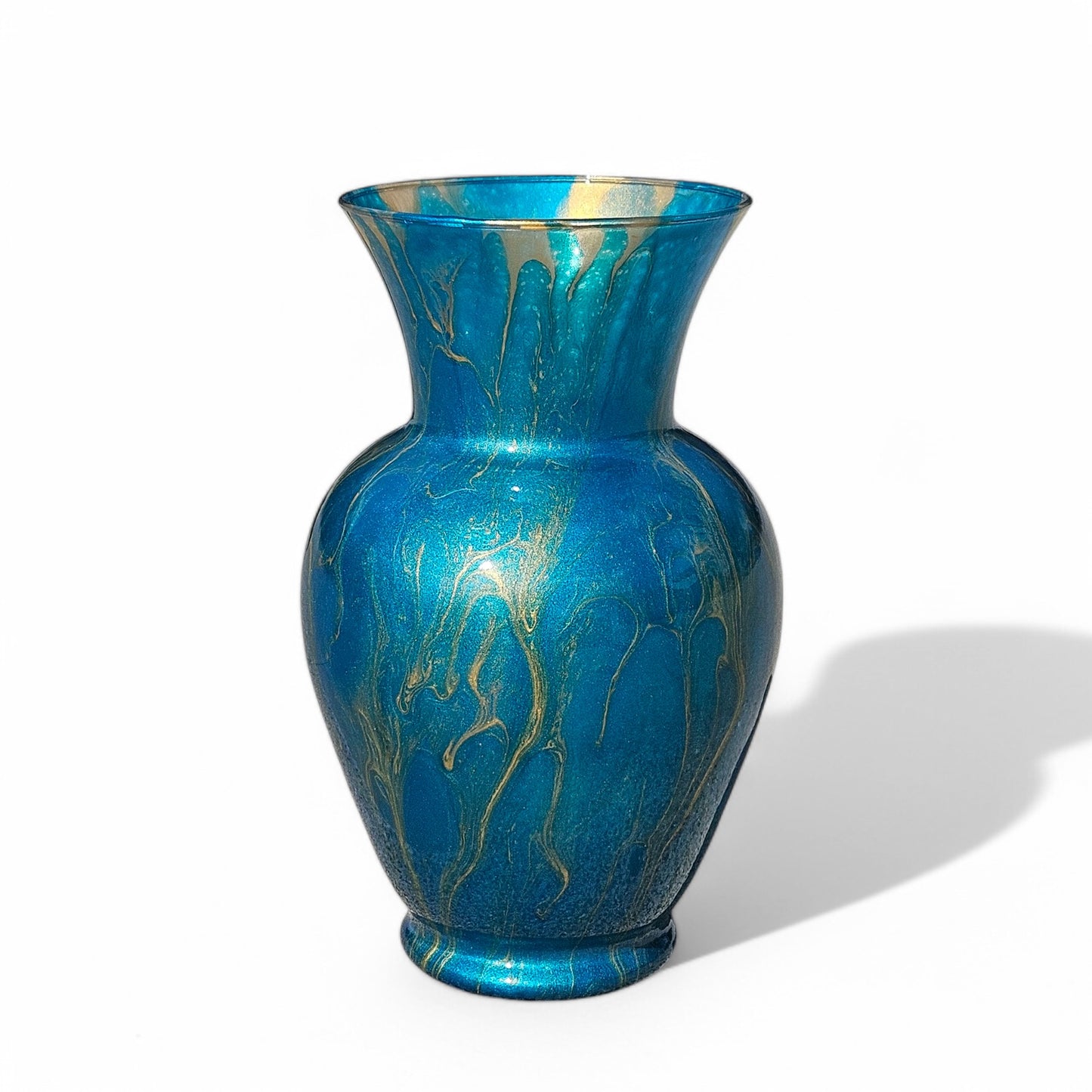 Teal and Gold Glass Art Vase | Fluid Art Painted Vase