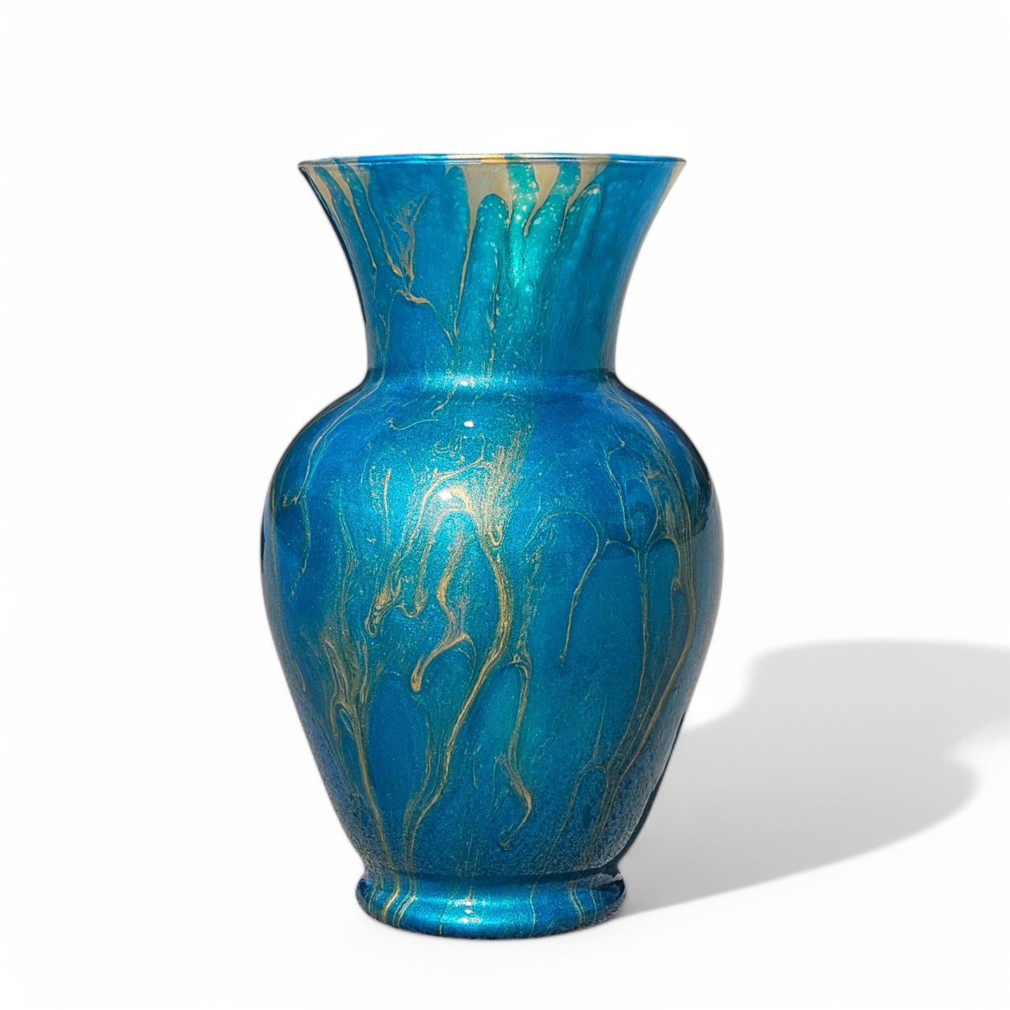 Teal and Gold Glass Art Vase | Fluid Art Painted Vase