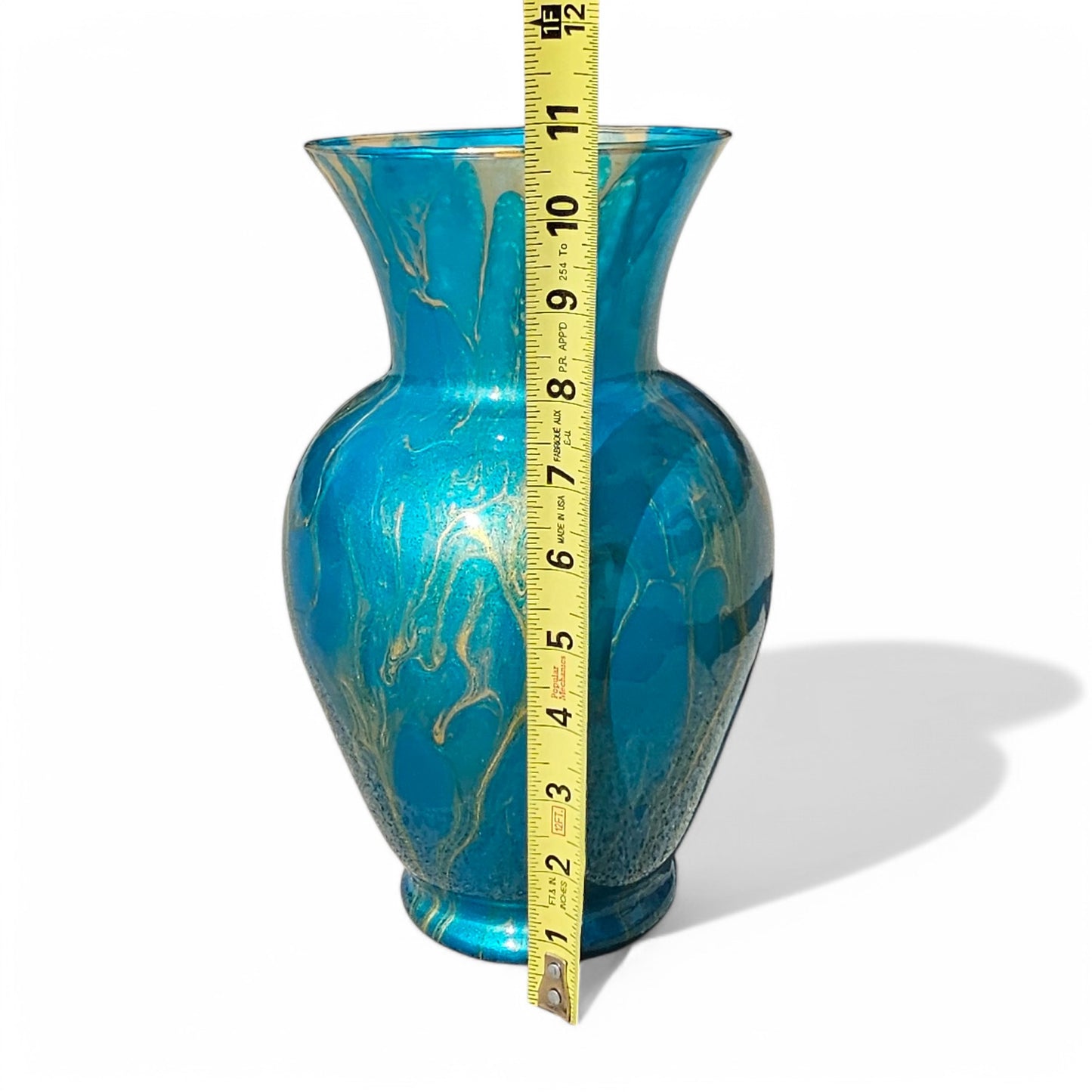 Teal and Gold Glass Art Vase | Fluid Art Painted Vase