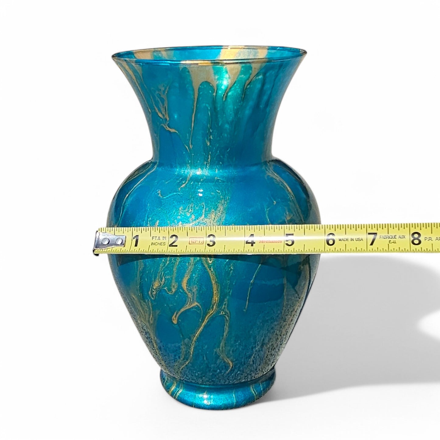 Teal and Gold Glass Art Vase | Fluid Art Painted Vase