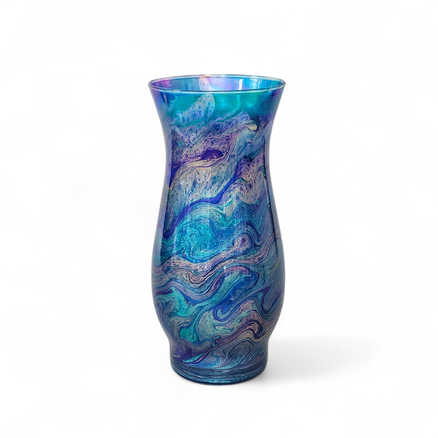 This abstract, peacock feather painted glass vase is the perfect accent piece for any décor.
