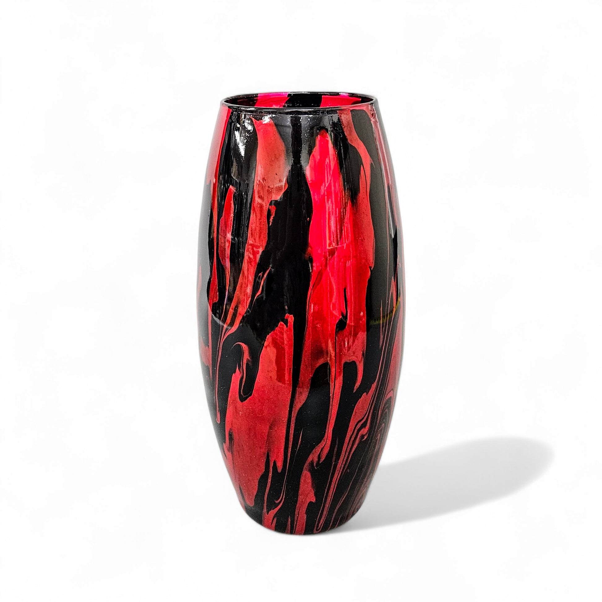 Glass Art Red and Black Tall Flower Vase | Fluid Art