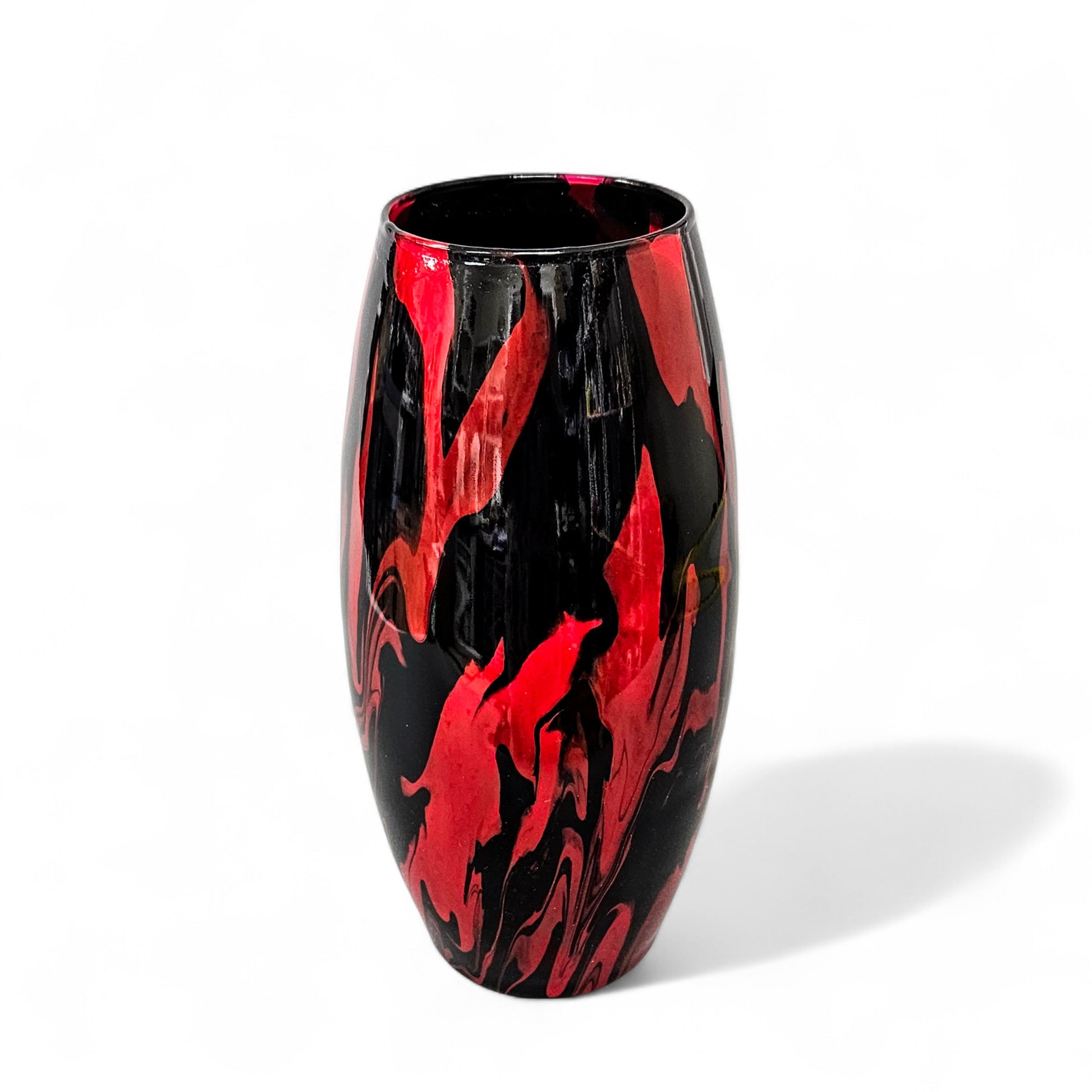 Glass Art Red and Black Tall Flower Vase | Fluid Art