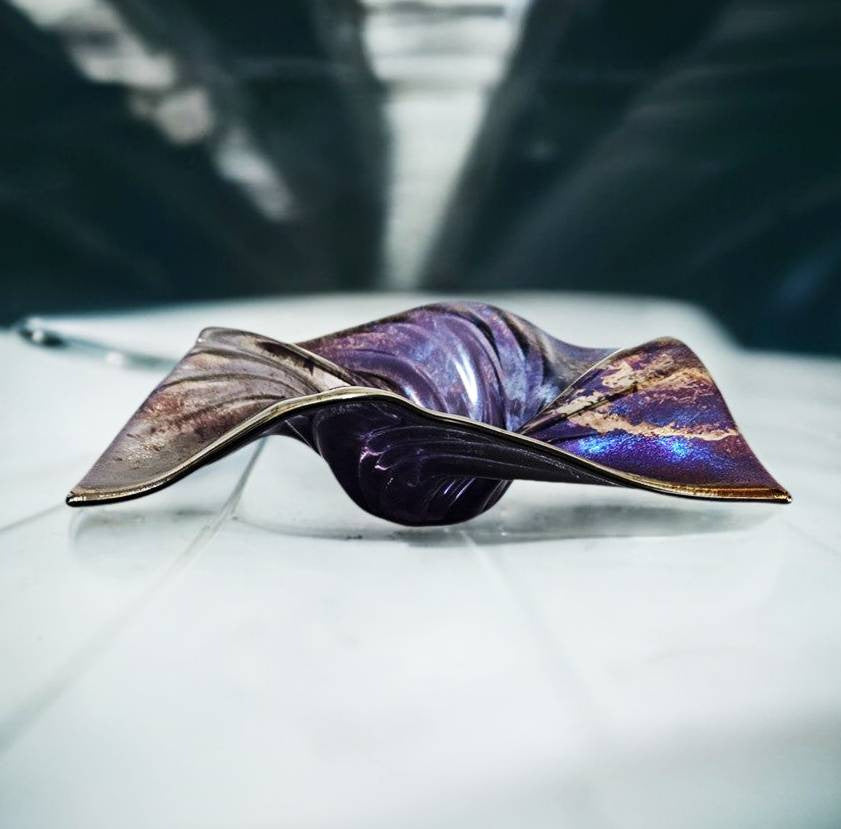 Glass Art Square Wave Bowl Purple Metallic Oil Slick