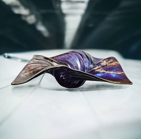 Glass Art Square Wave Bowl Purple Metallic Oil Slick