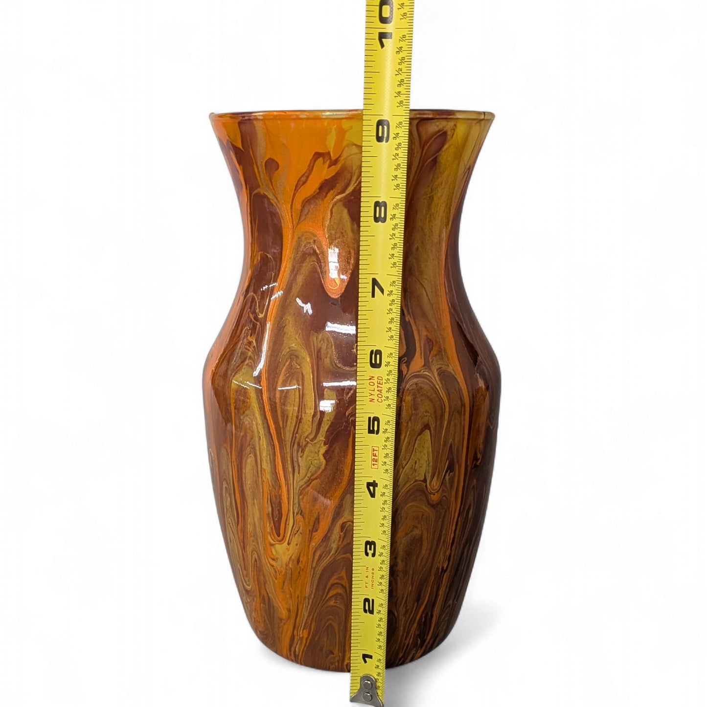 Glass Art Vase in Orange Brown Gold | Fluid Art Flower Vase