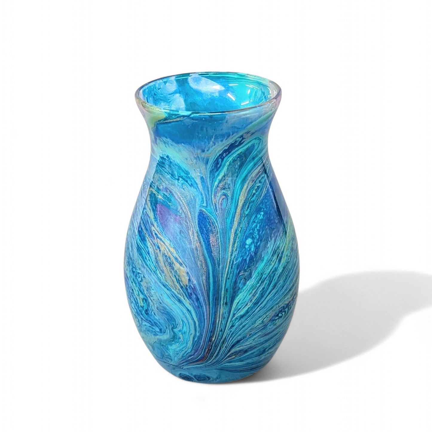 Peacock Feather Painted Vase in Aqua Blue Purple Gold