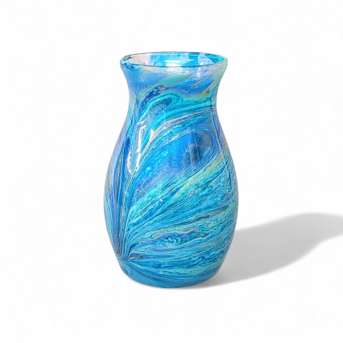 Peacock Feather Painted Vase in Aqua Blue Purple Gold