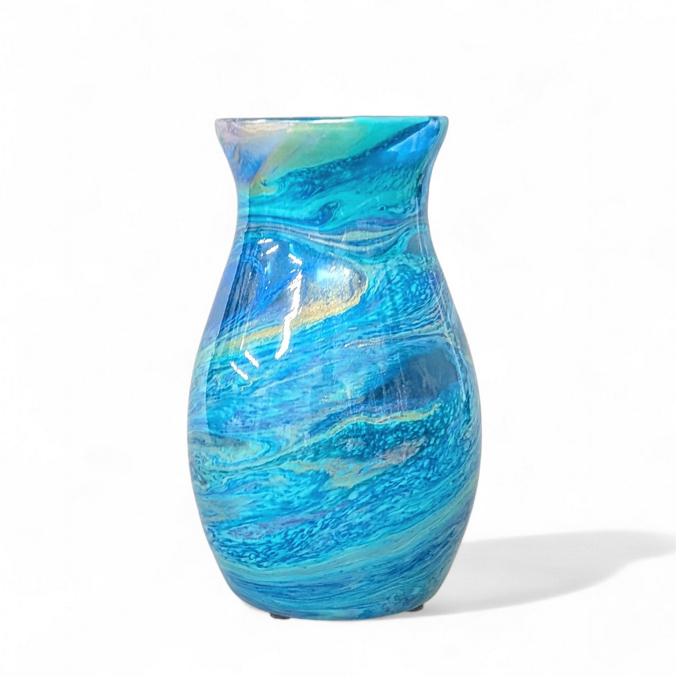 Peacock Feather Painted Vase in Aqua Blue Purple Gold