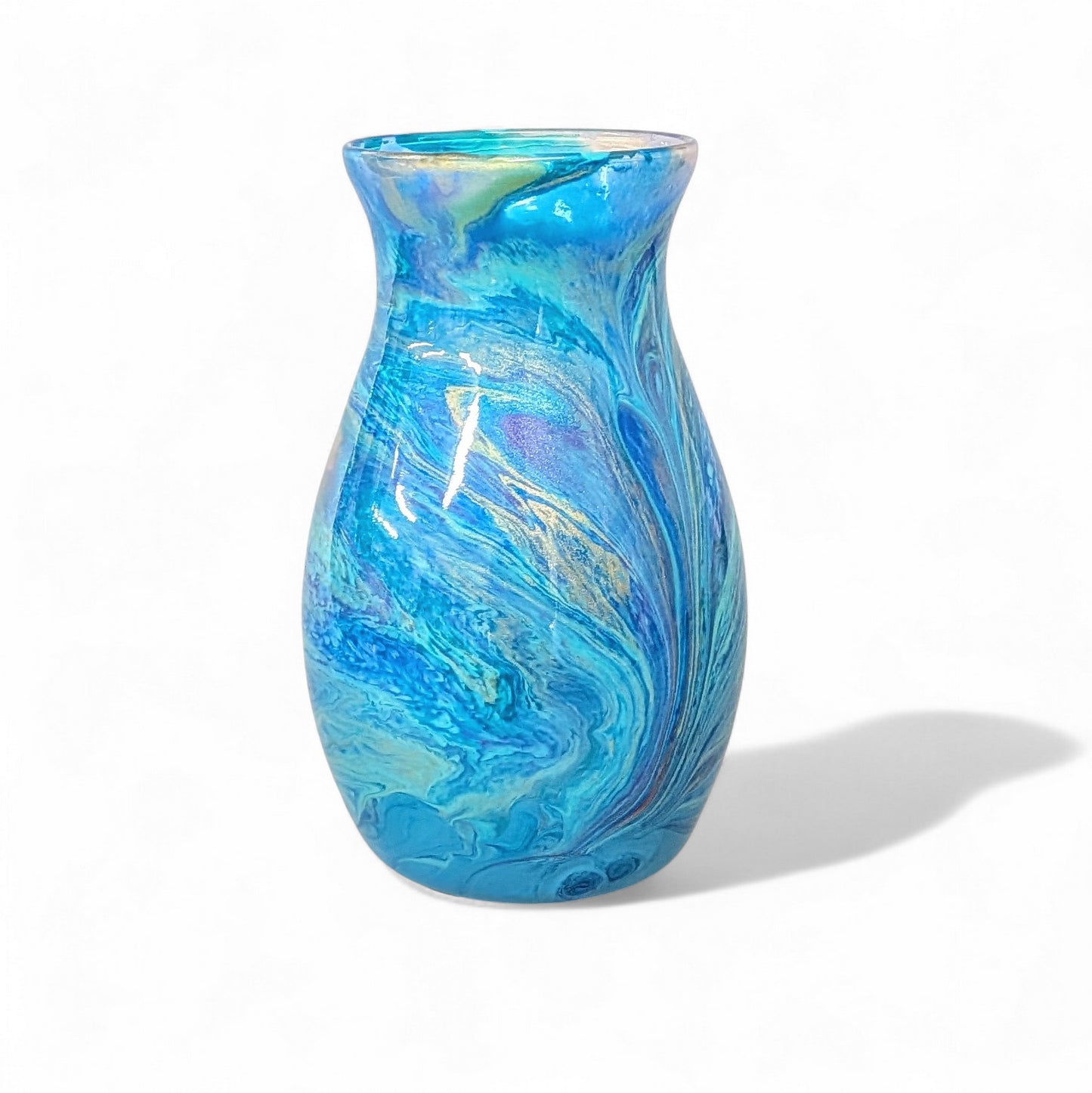 Peacock Feather Painted Vase in Aqua Blue Purple Gold
