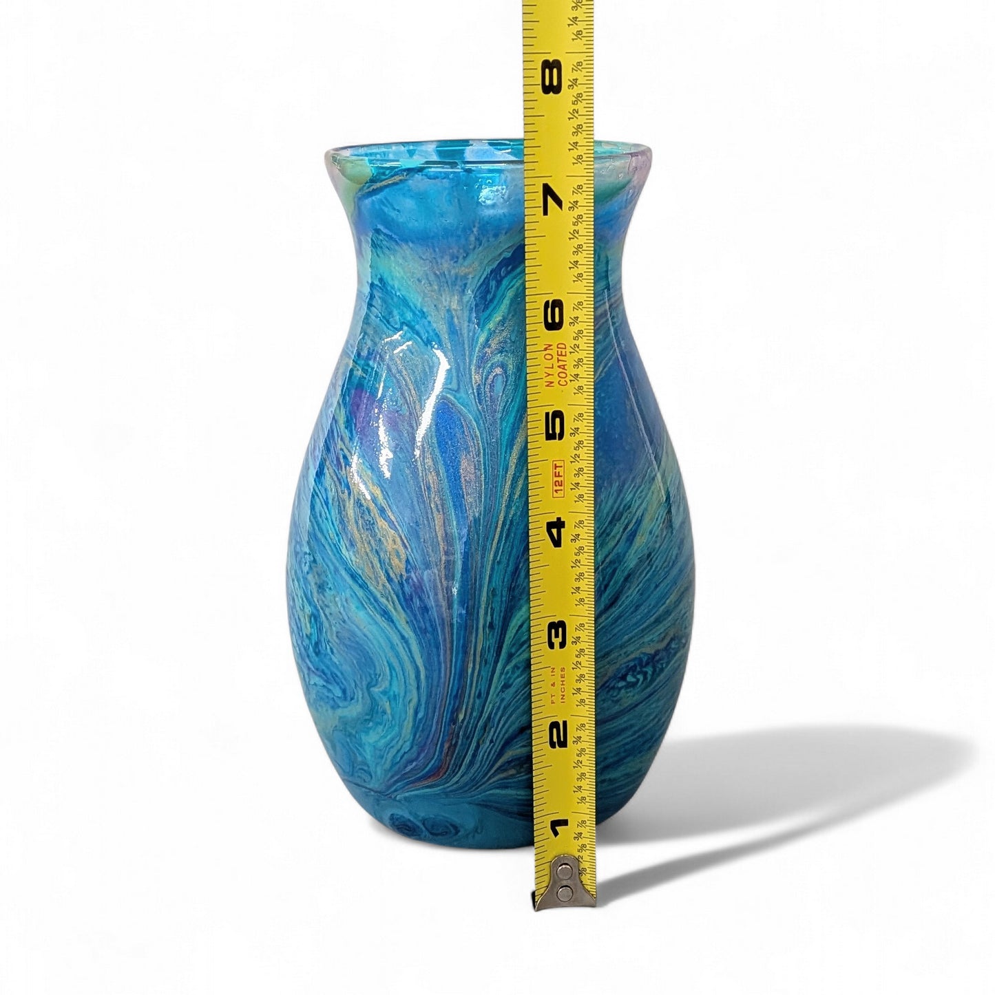 Peacock Feather Painted Vase in Aqua Blue Purple Gold