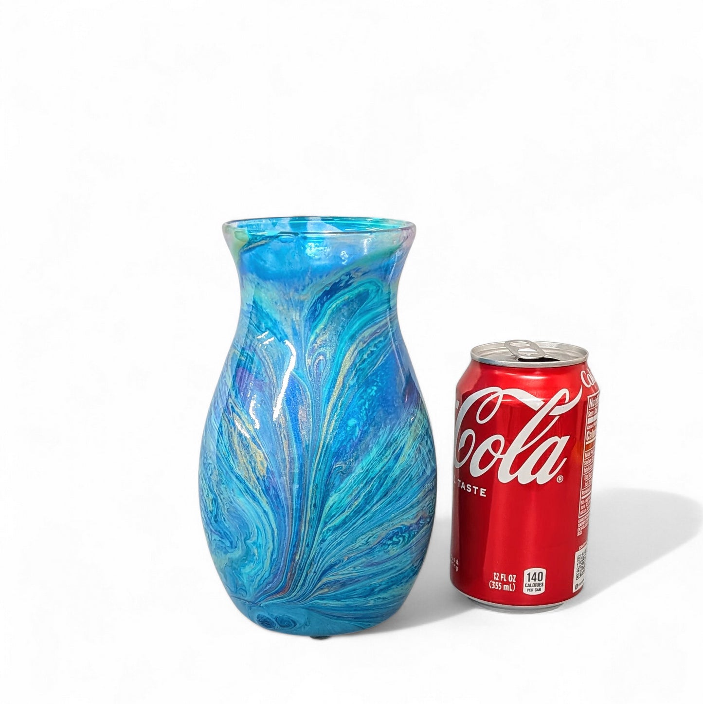 Peacock Feather Painted Vase in Aqua Blue Purple Gold