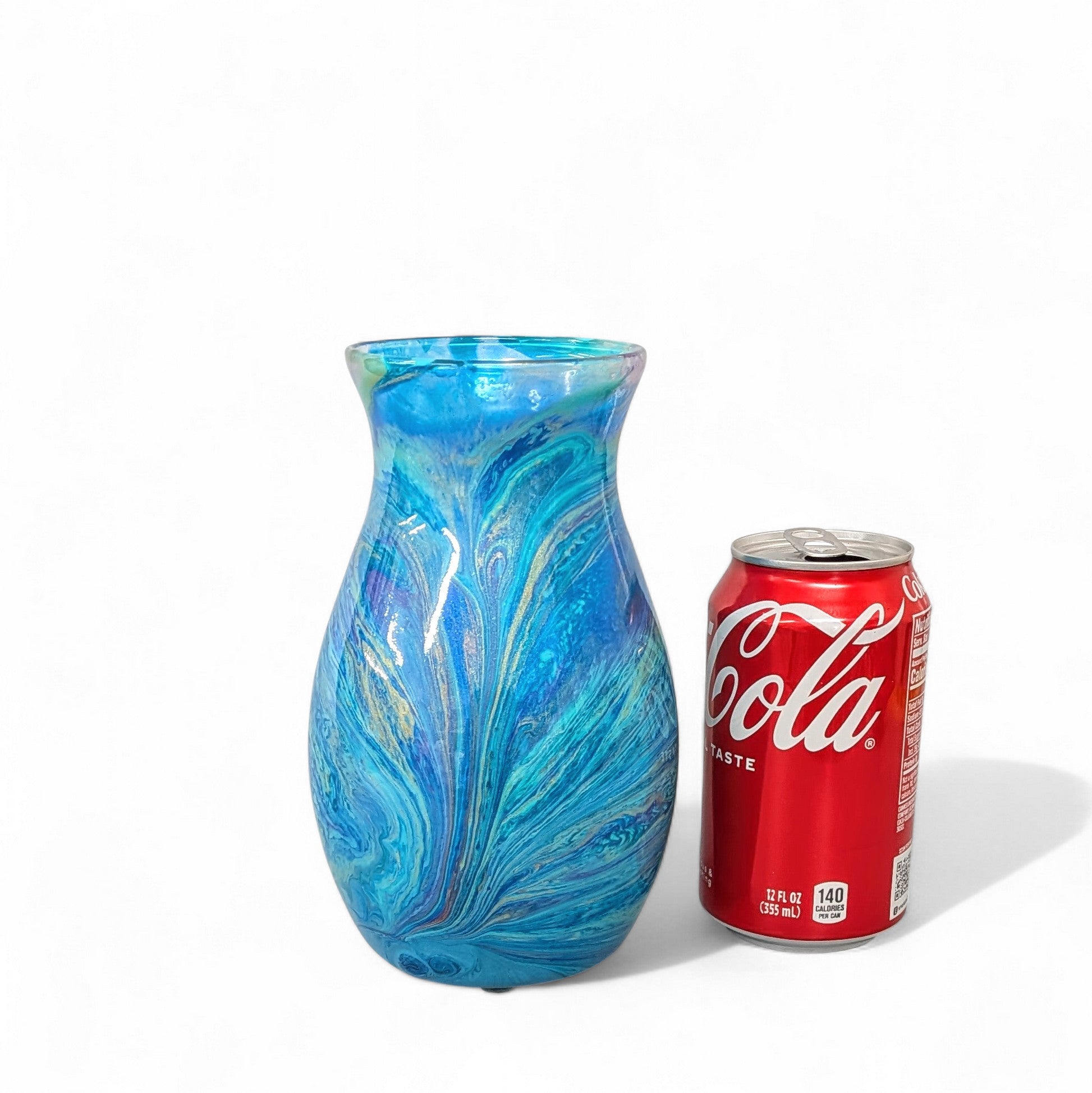 Peacock Feather Painted Vase in Aqua Blue Purple Gold