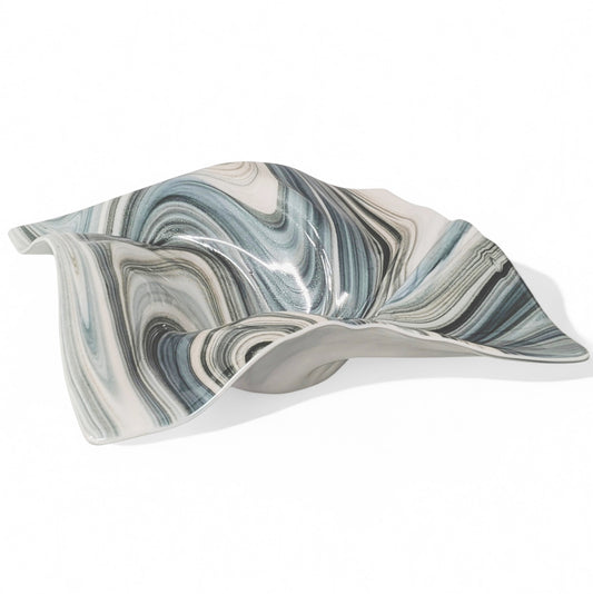 Glass Art Wave Bowl in Aqua Gray and White Aventurine Glass