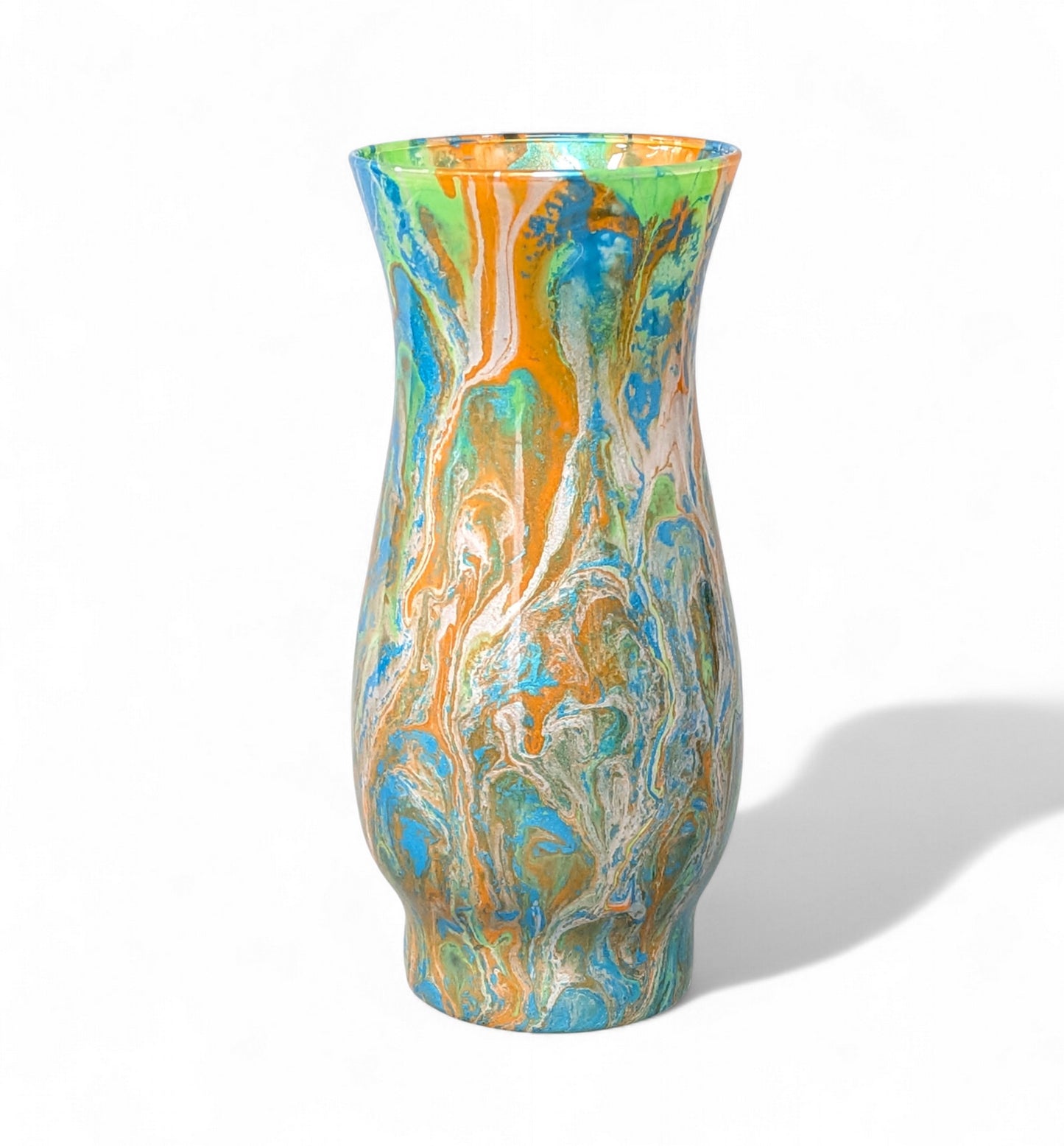 Glass Art Vase in Blue Green Orange and Silver | Fluid Art Flower Vase