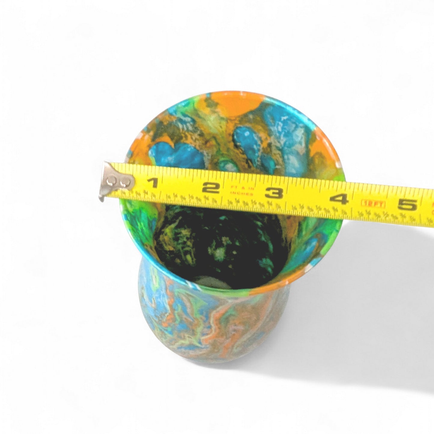 Glass Art Vase in Blue Green Orange and Silver | Fluid Art Flower Vase