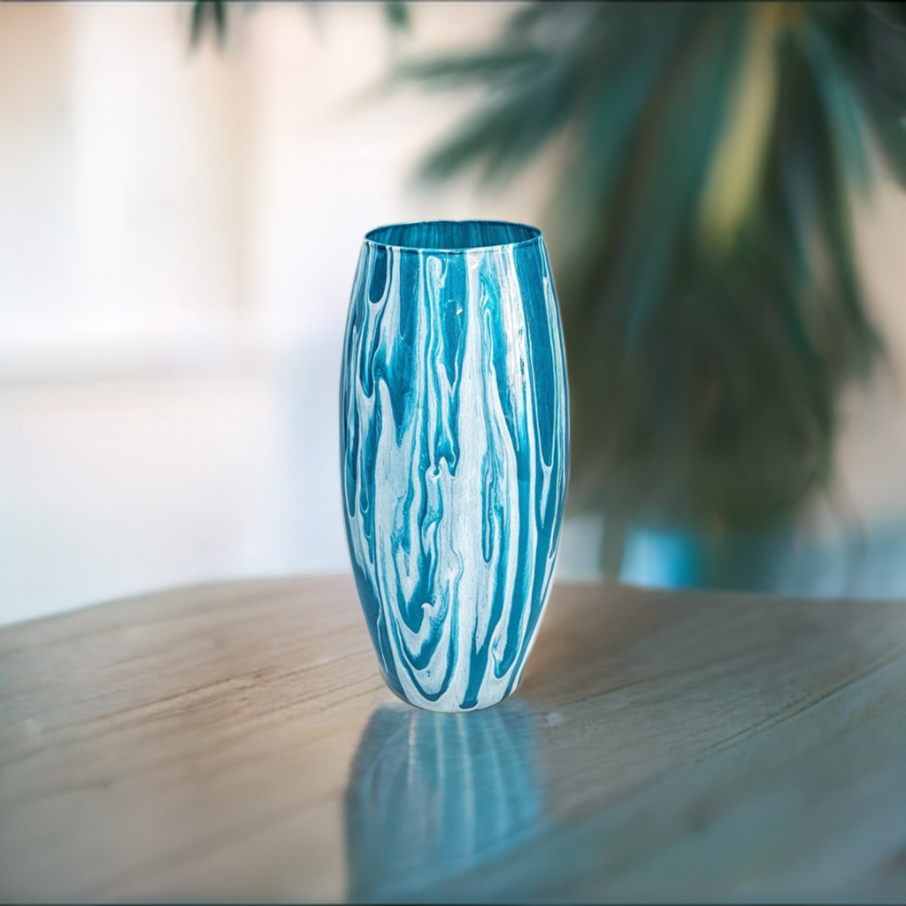 Abstract Glass Vase in Teal and Pearl White