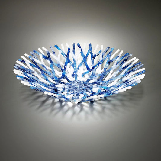 Glass Art Coral Bowl in Denim Blue and White