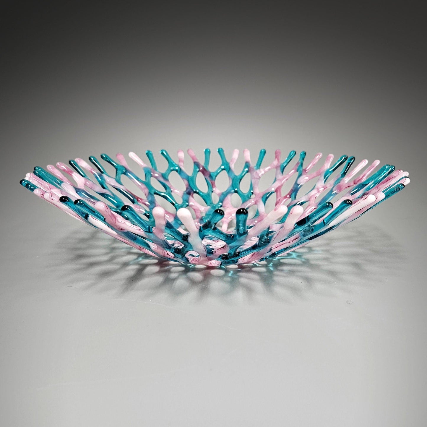 Glass Art Coral Bowl in Aqua Blue Green, Pink and Mauve