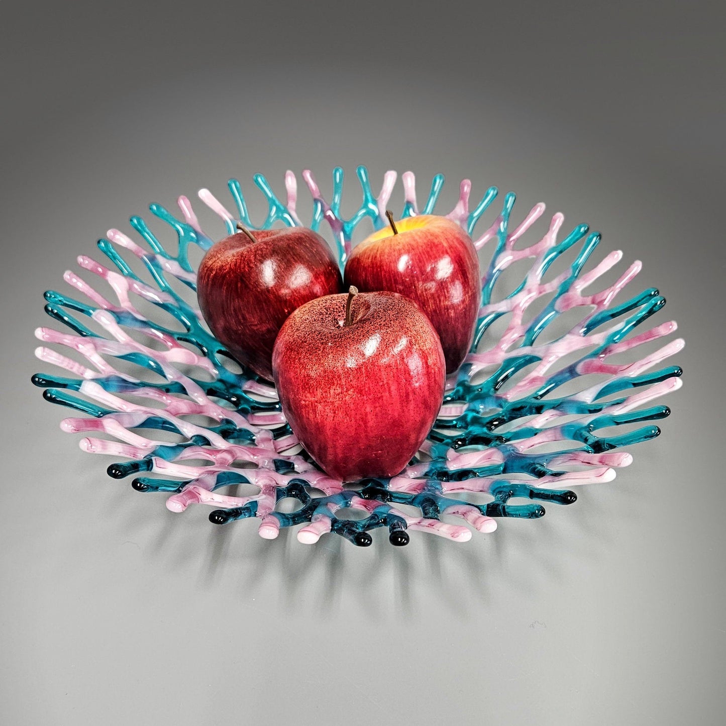 Glass Art Coral Bowl in Aqua Blue Green, Pink and Mauve