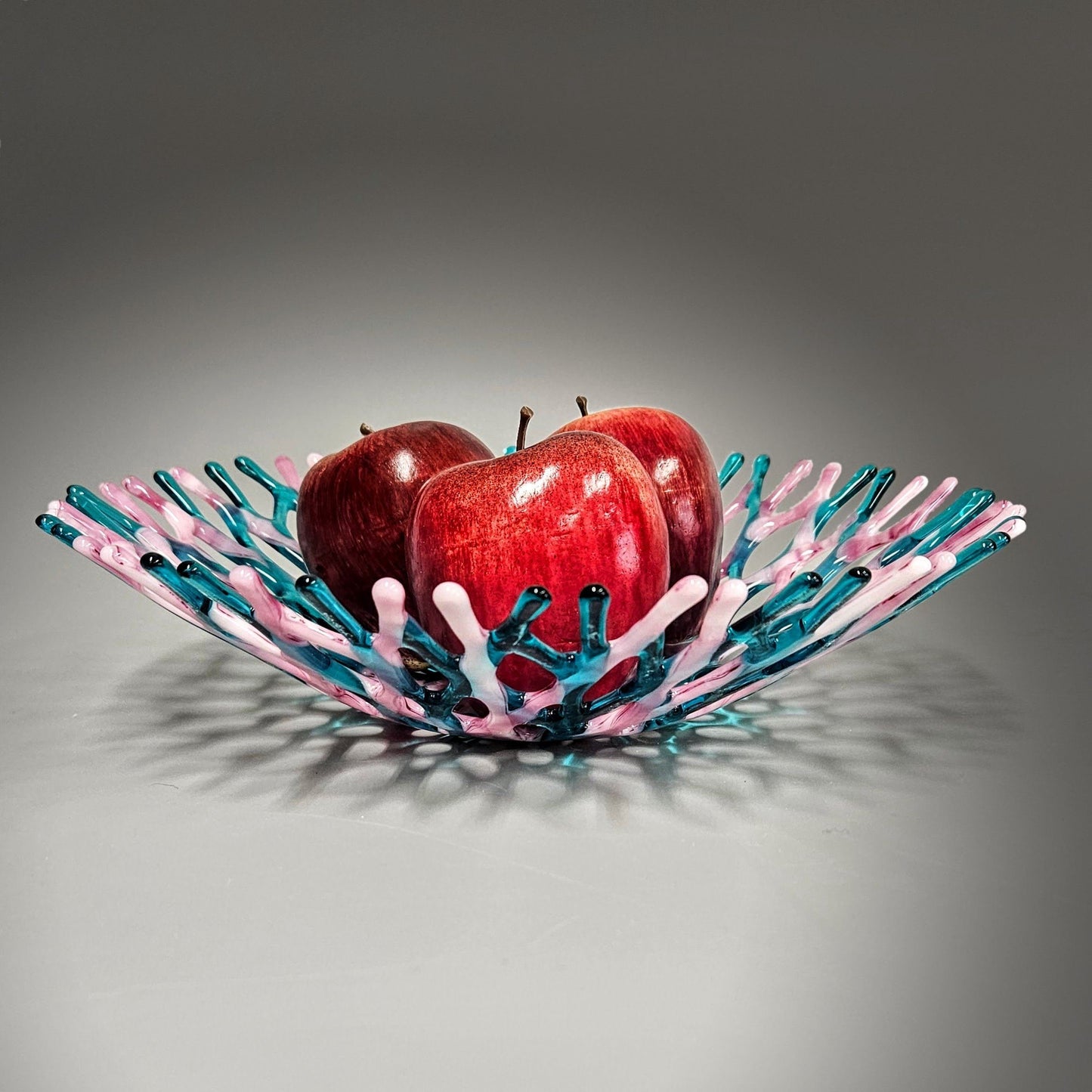 Glass Art Coral Bowl in Aqua Blue Green, Pink and Mauve