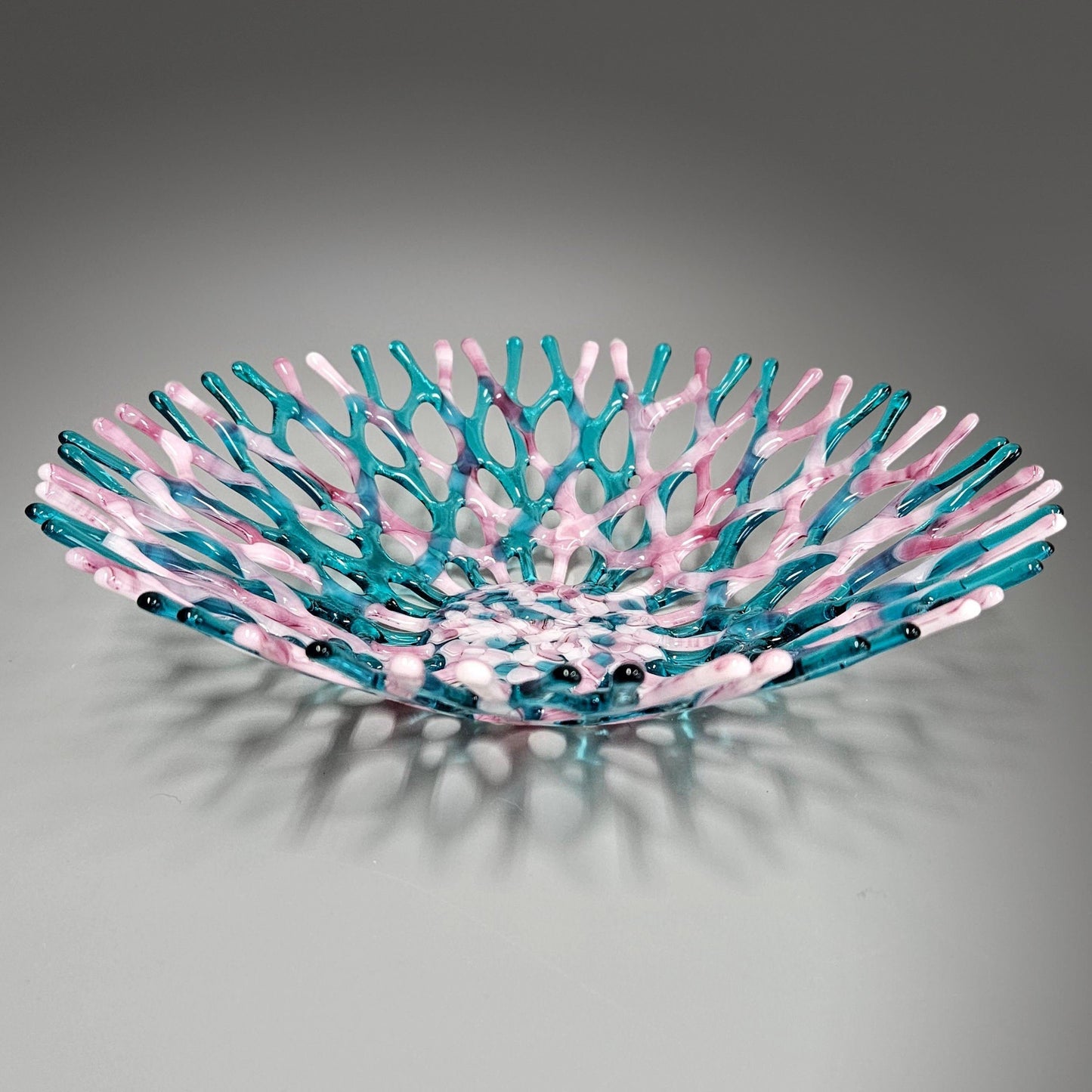 Glass Art Coral Bowl in Aqua Blue Green, Pink and Mauve
