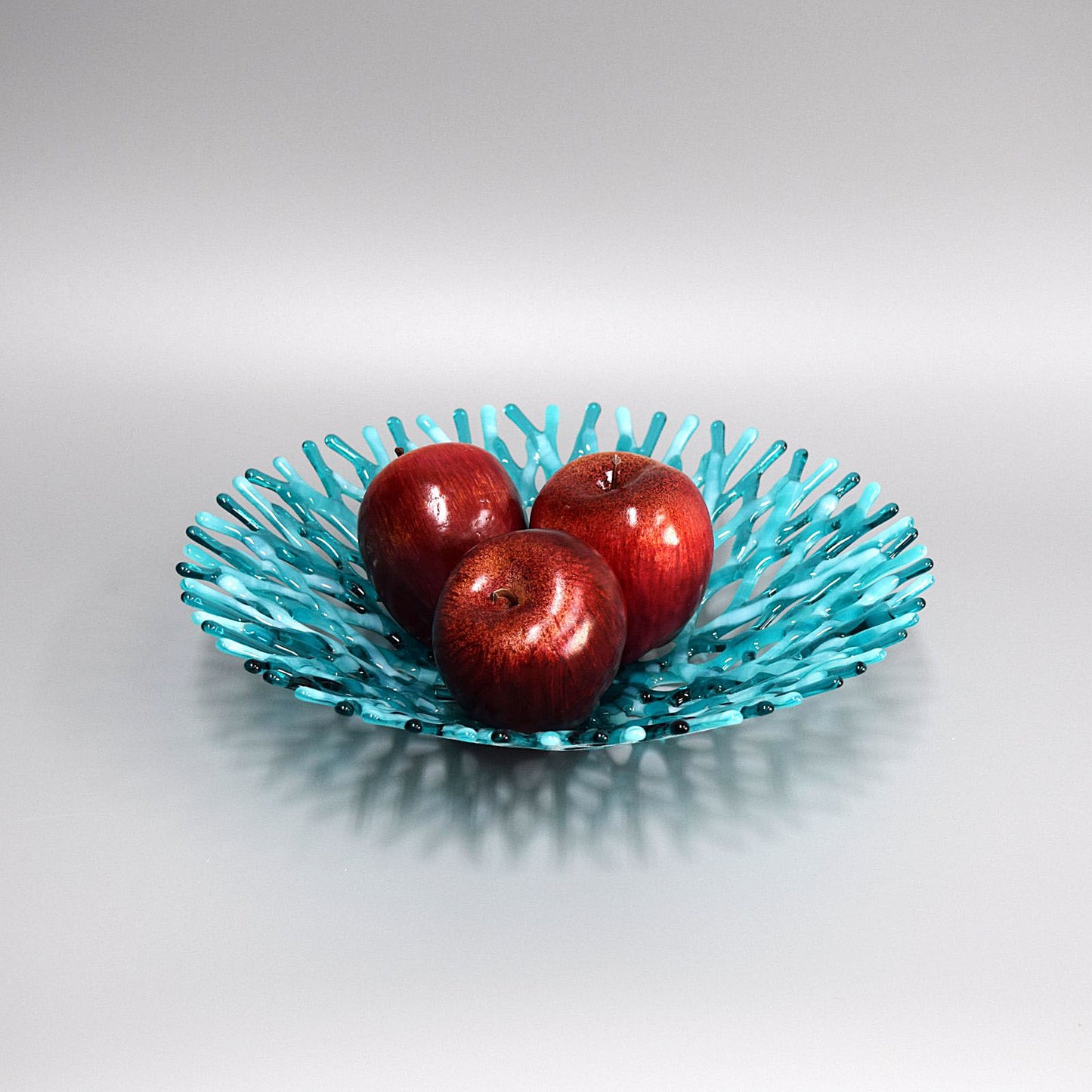 Glass Art Coral Bowl in Aquamarine Blue Green and Wispy White Sea Glass