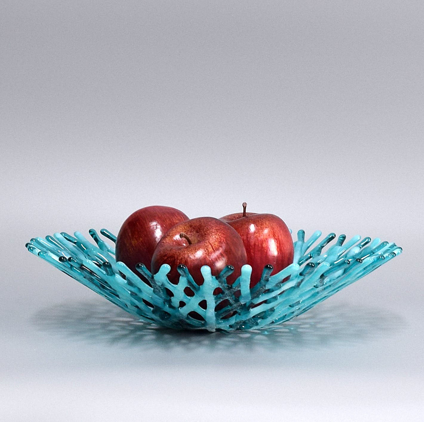 Glass Art Coral Bowl in Aquamarine Blue Green and Wispy White Sea Glass