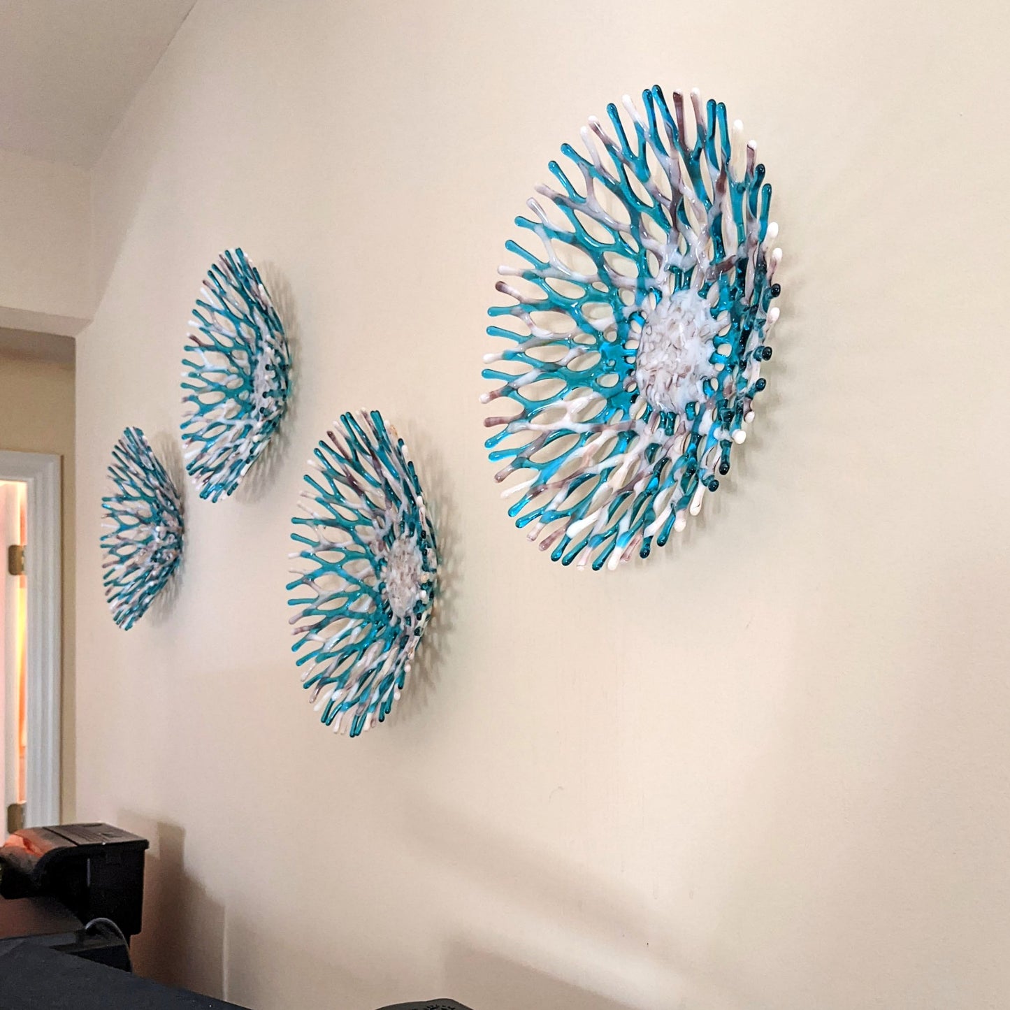 Modern Glass Art Coral Bowl in Turquoise Blue and Blackberry Purple