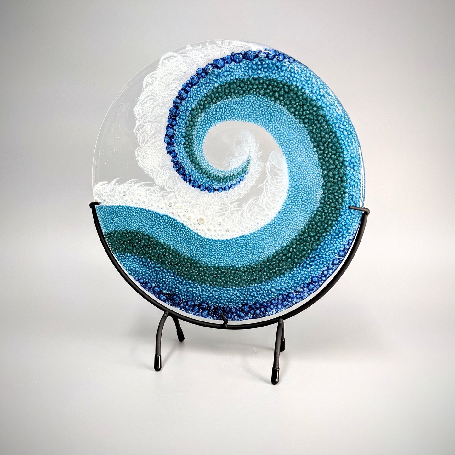 Fused Glass Art Panel Round Crashing Ocean Waves