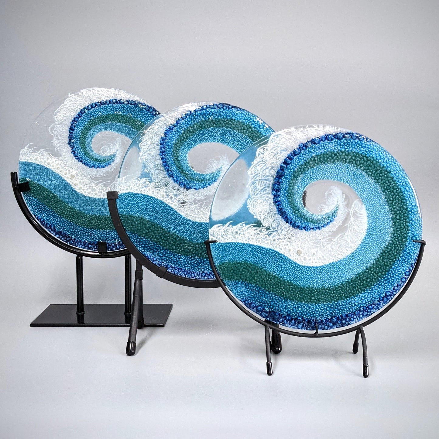 Fused Glass Art Panel Round Crashing Ocean Waves