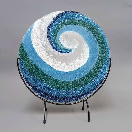 XLarge Fused Glass Art Crashing Ocean Wave with Stand | Pipeline Wave