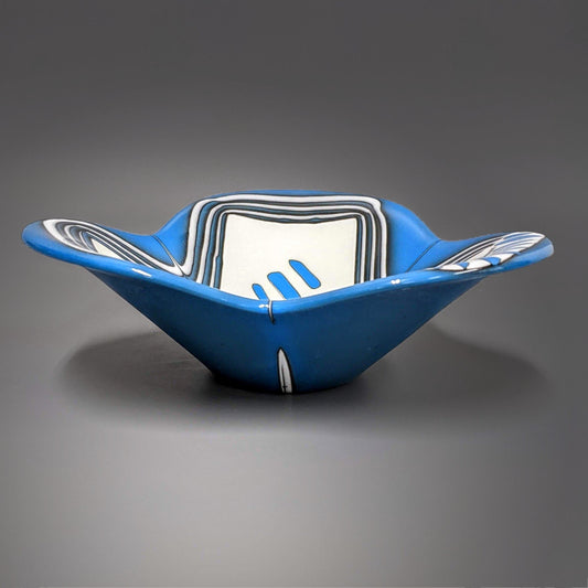 Glass Art Bowl in Deep Turquoise Blue and Off White