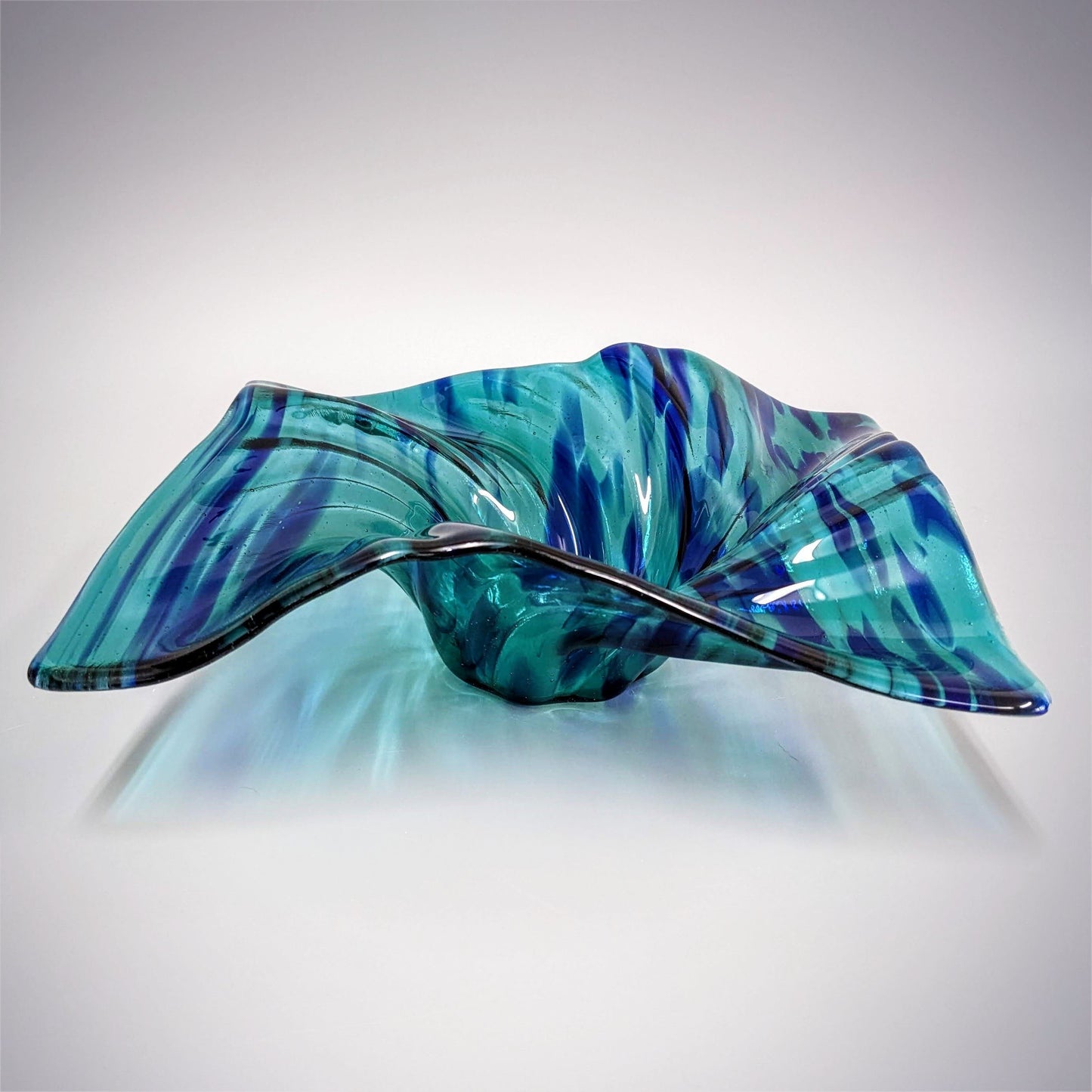 Glass Art Wave Bowl in Aqua Teal Navy Blue