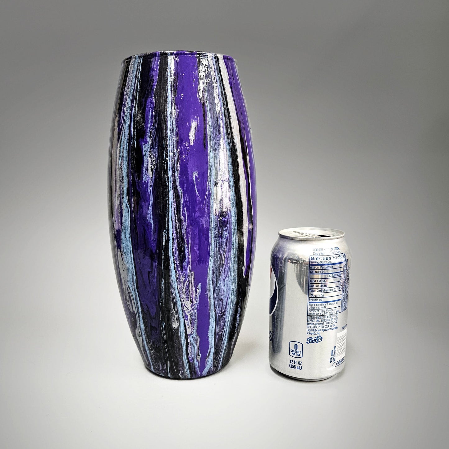 Tall Glass Art Painted Vase in Purple Black and Silver
