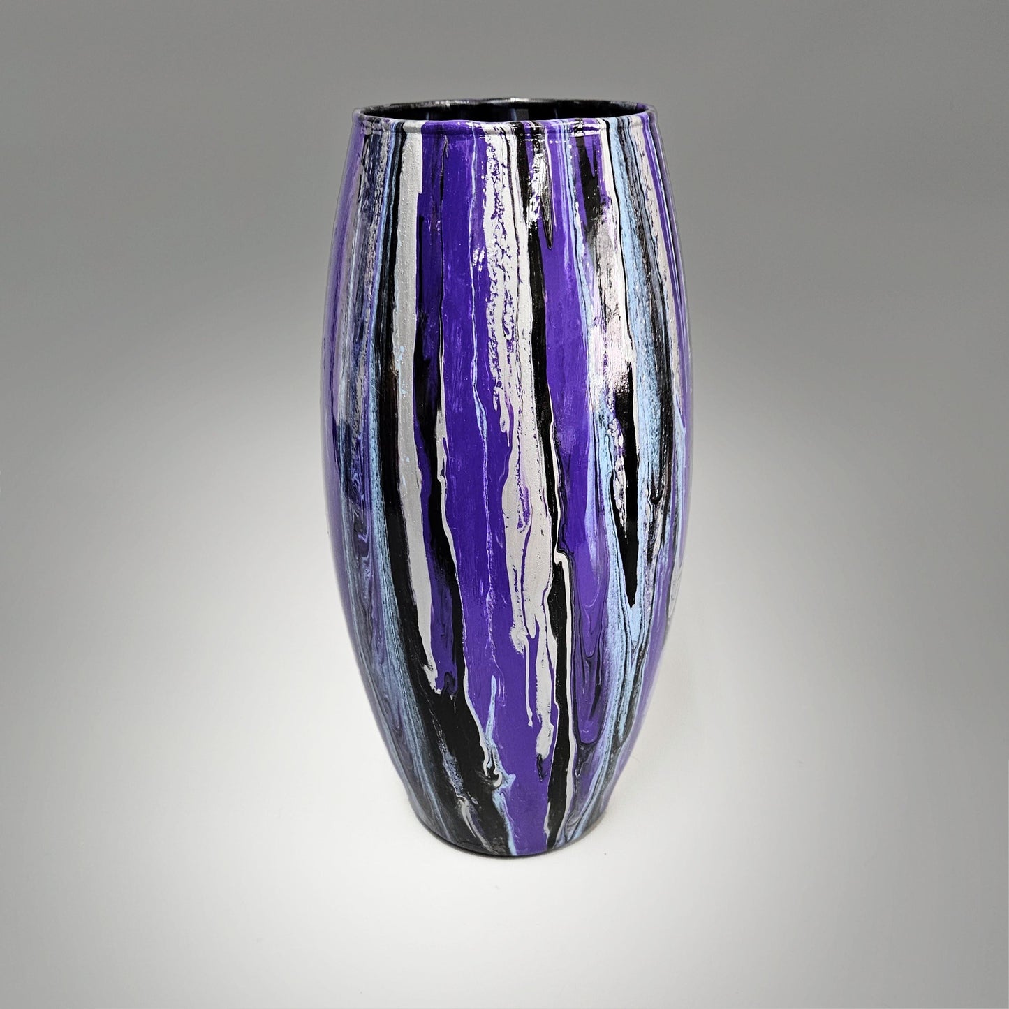Tall Glass Art Painted Vase in Purple Black and Silver