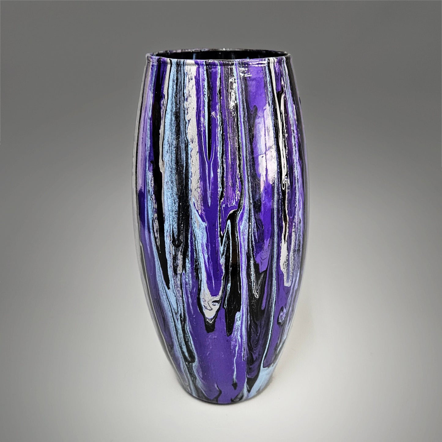 Tall Glass Art Painted Vase in Purple Black and Silver | Handmade Gift